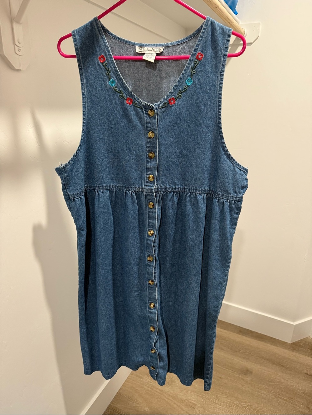 Women’s Denim Button-Front Dress with Floral Embroidery